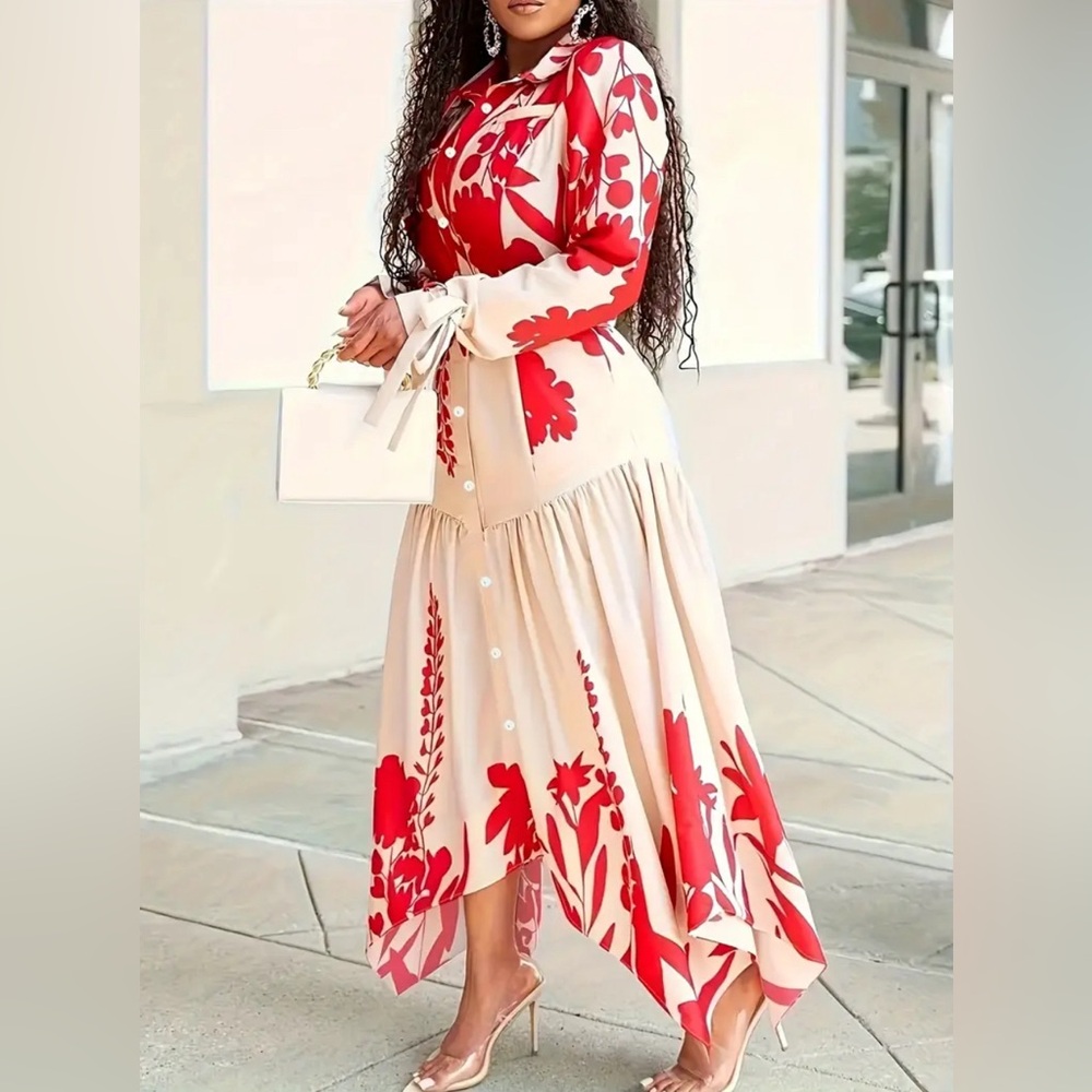 Plus Size Floral Print Asymmetrical Hem Ruched Midi Dress